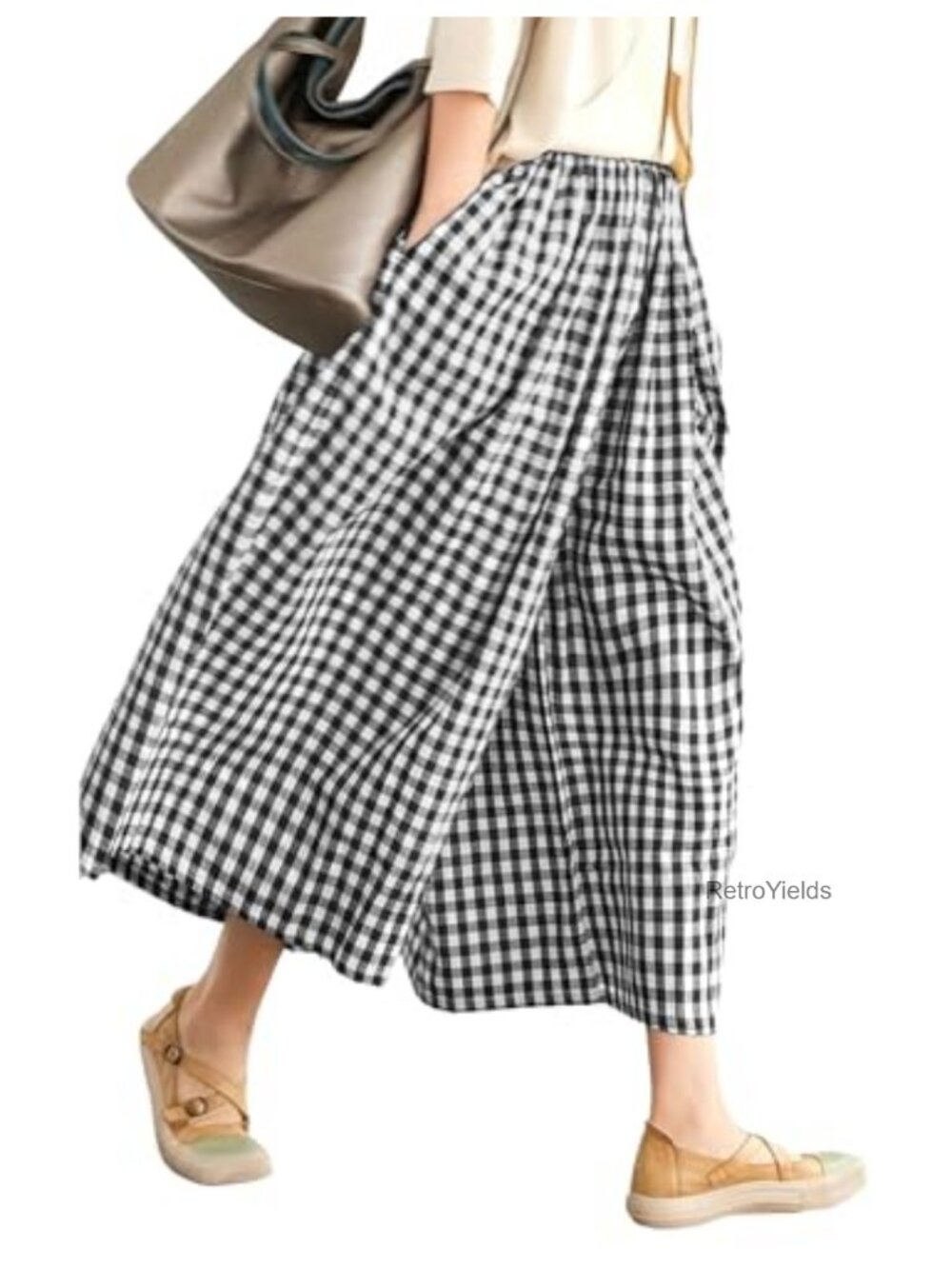 LOMON Women Wide Leg Capri Pants Gingham Striped Crop Culottes